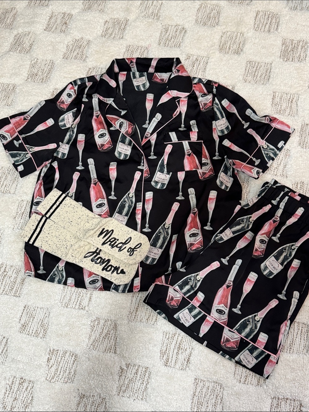 Maid of Honor Champagne Print Pajama Set Women’s Size Large Bride Squad Button F